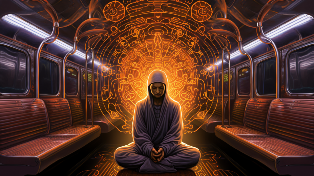 painting of a hooded monk meditating on a subway