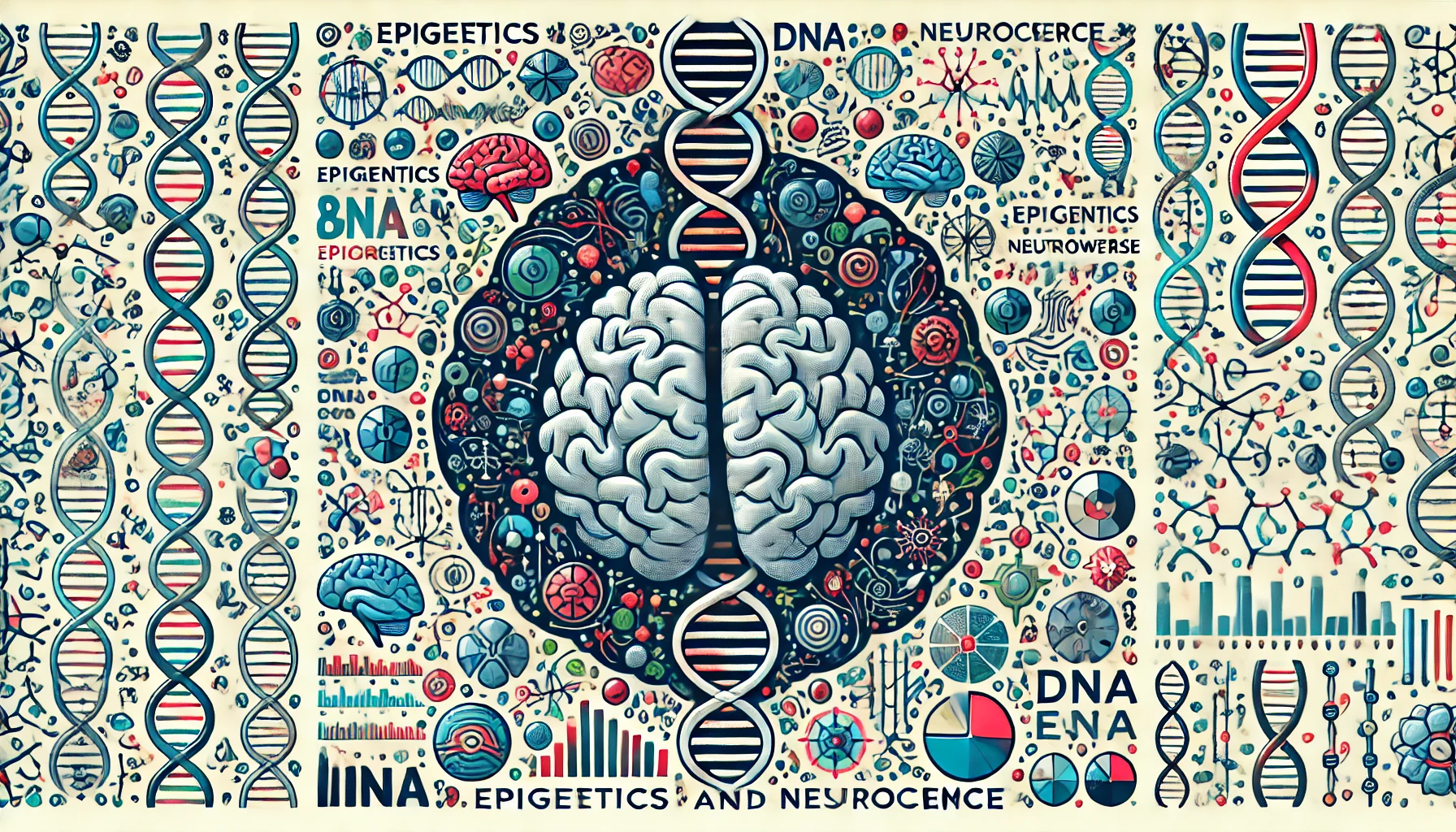 brain in the center of double helix. collage of epigenetic and neuroscience related images