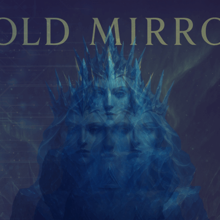 Cold Mirror cover art: a multi-faced Ice Queen with a crystalline crown in deep blue, subtle circuit patterns and aurora behind, vintage moon at right, title “COLD MIRROR” across the top.